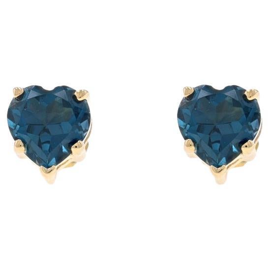 Yellow Gold Simulated London Blue Topaz Stud Earrings - 10k Heart Love Pierced