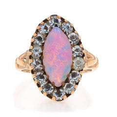 Yellow Gold Simulated Opal Rhinestone Vintage Halo Ring - 10k Marquise Cabochon
