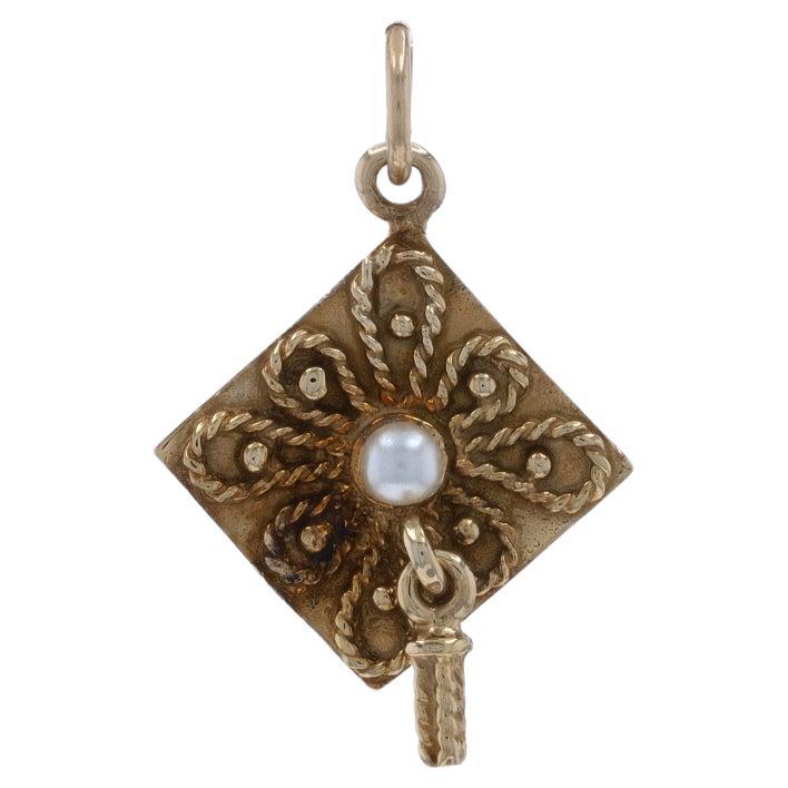 Yellow Gold Simulated Pearl Graduation Cap Charm - 14k Graduate's Mortarboard