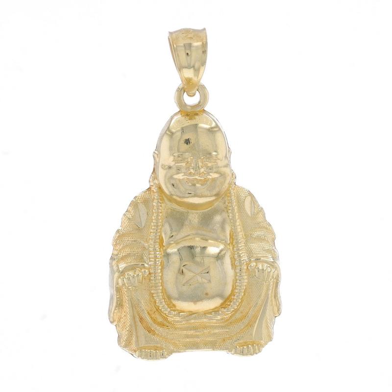 Metal Content: 10k Yellow Gold

Theme: Sitting Happy Buddha
Features: Smoothly Finished with Textured Detailing

Measurements

Tall (from stationary bail): 1 1/8