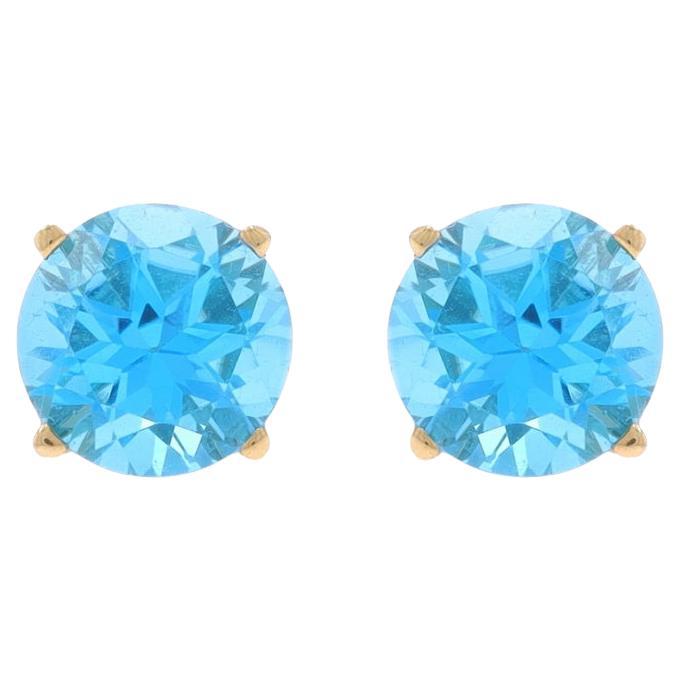 Yellow Gold Sky Blue Topaz Stud Earrings - 14k Round 3.10ctw Pierced