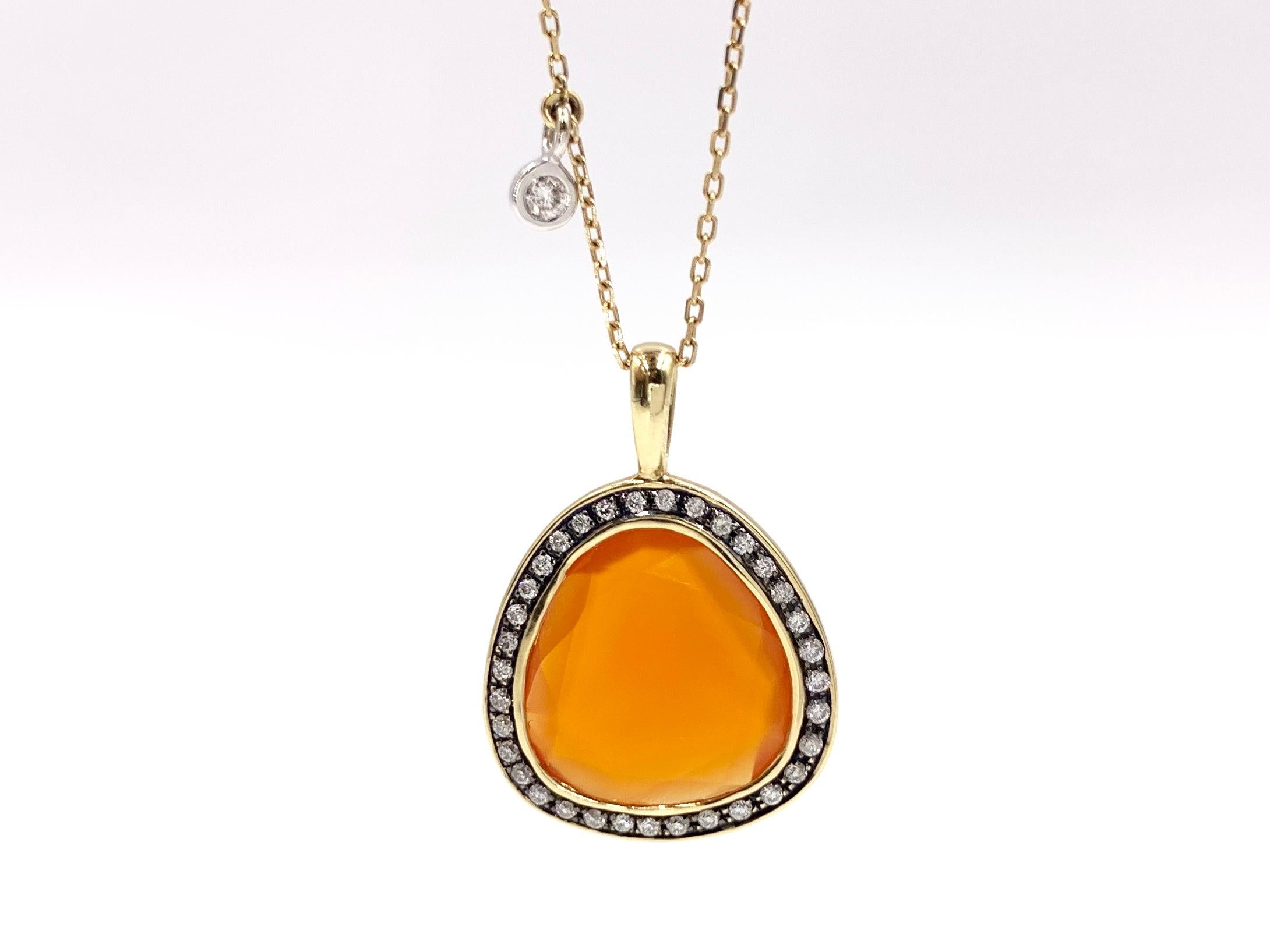 Contemporary Yellow Gold Sliced Fire Opal and Diamond Pendant Necklace For Sale