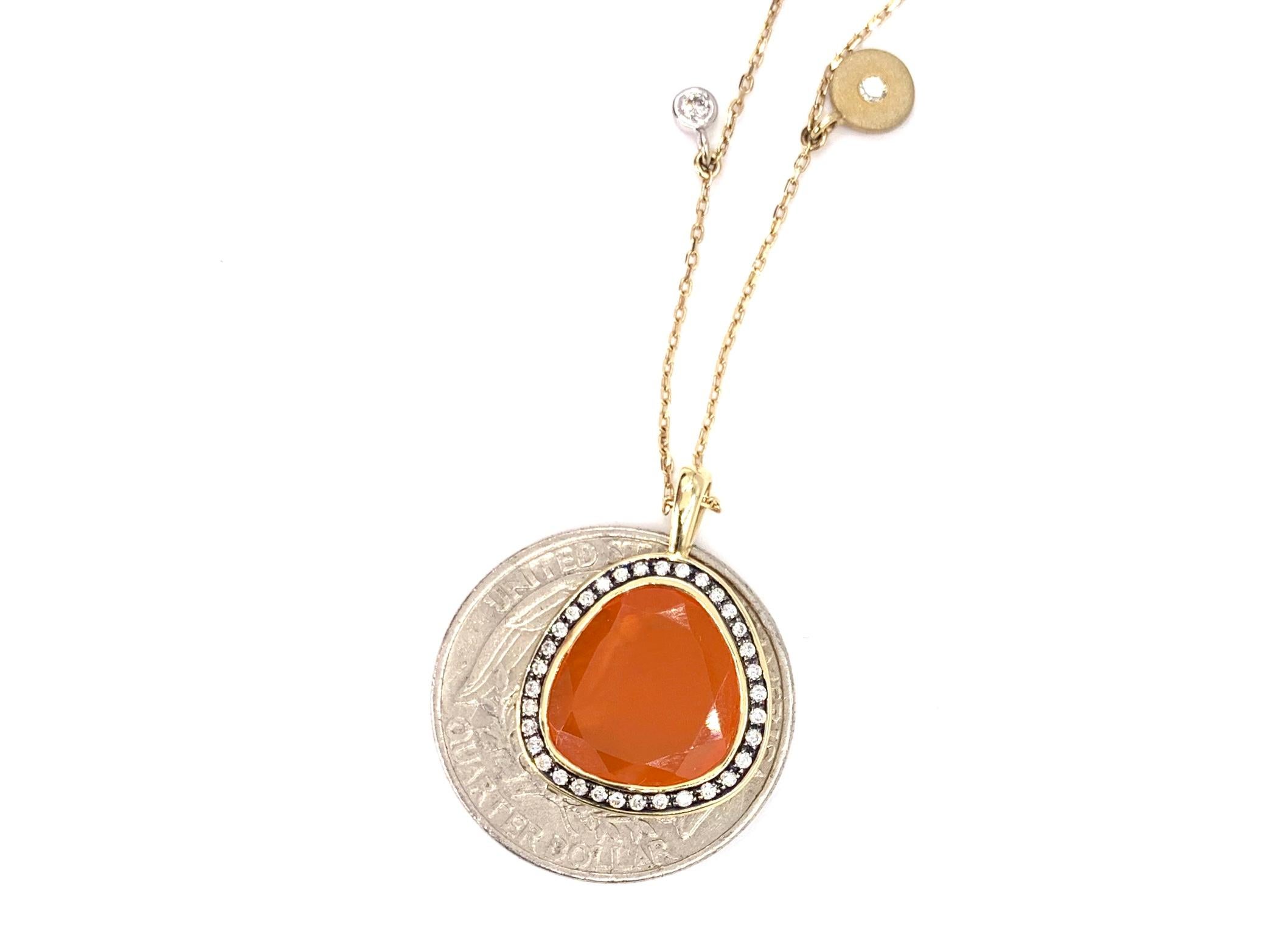 Yellow Gold Sliced Fire Opal and Diamond Pendant Necklace In New Condition For Sale In Pikesville, MD