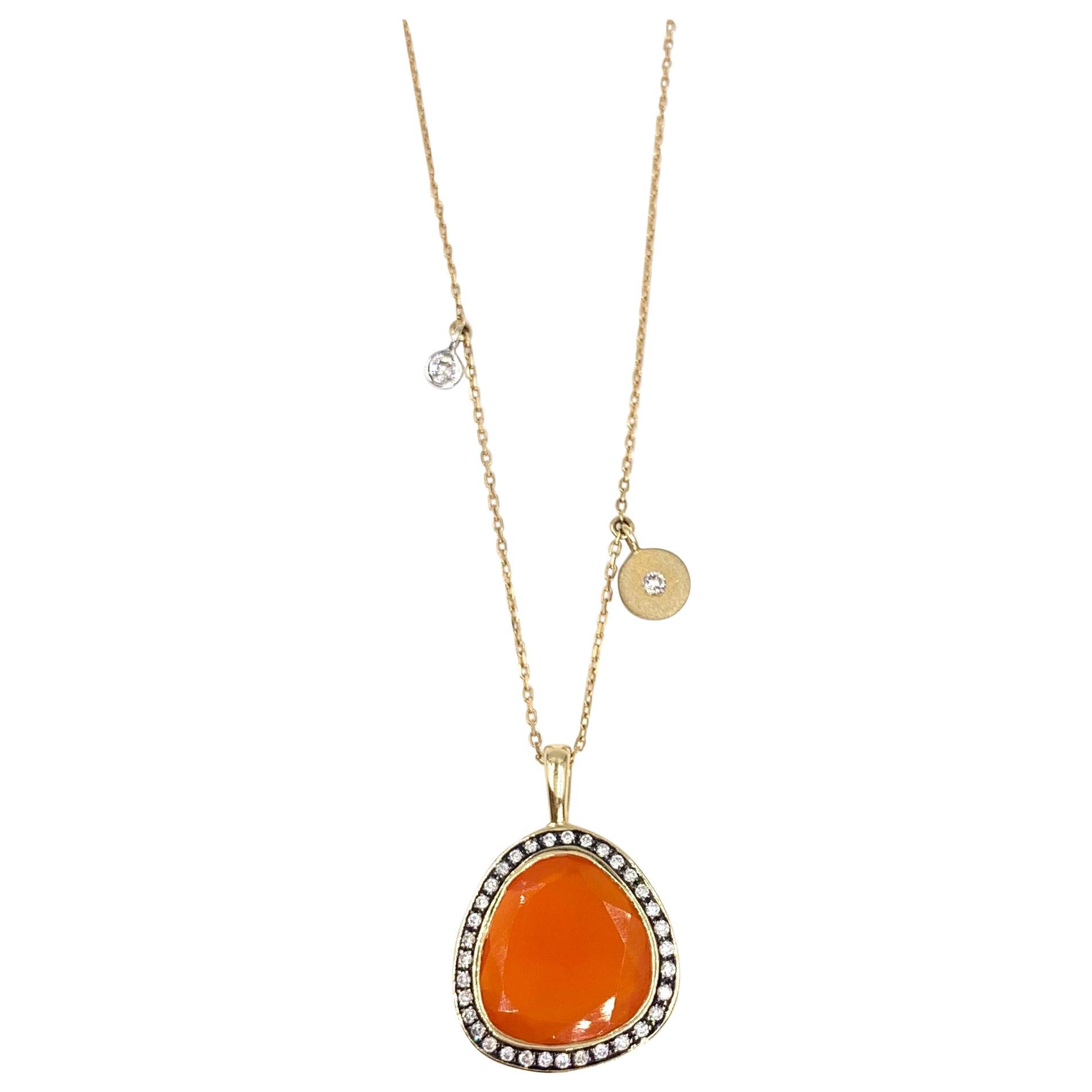 Yellow Gold Sliced Fire Opal and Diamond Pendant Necklace For Sale
