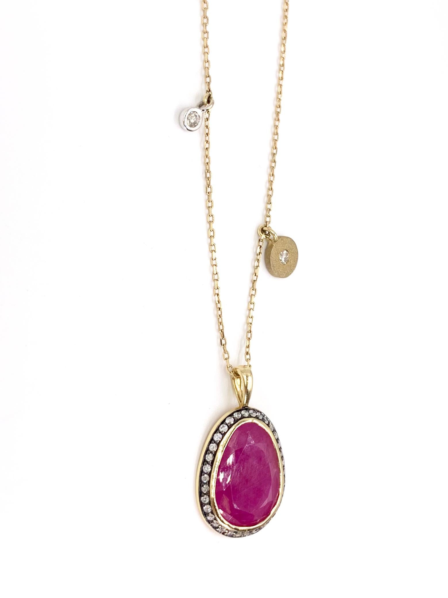Contemporary Yellow Gold Sliced Ruby and Diamond Pendant Necklace