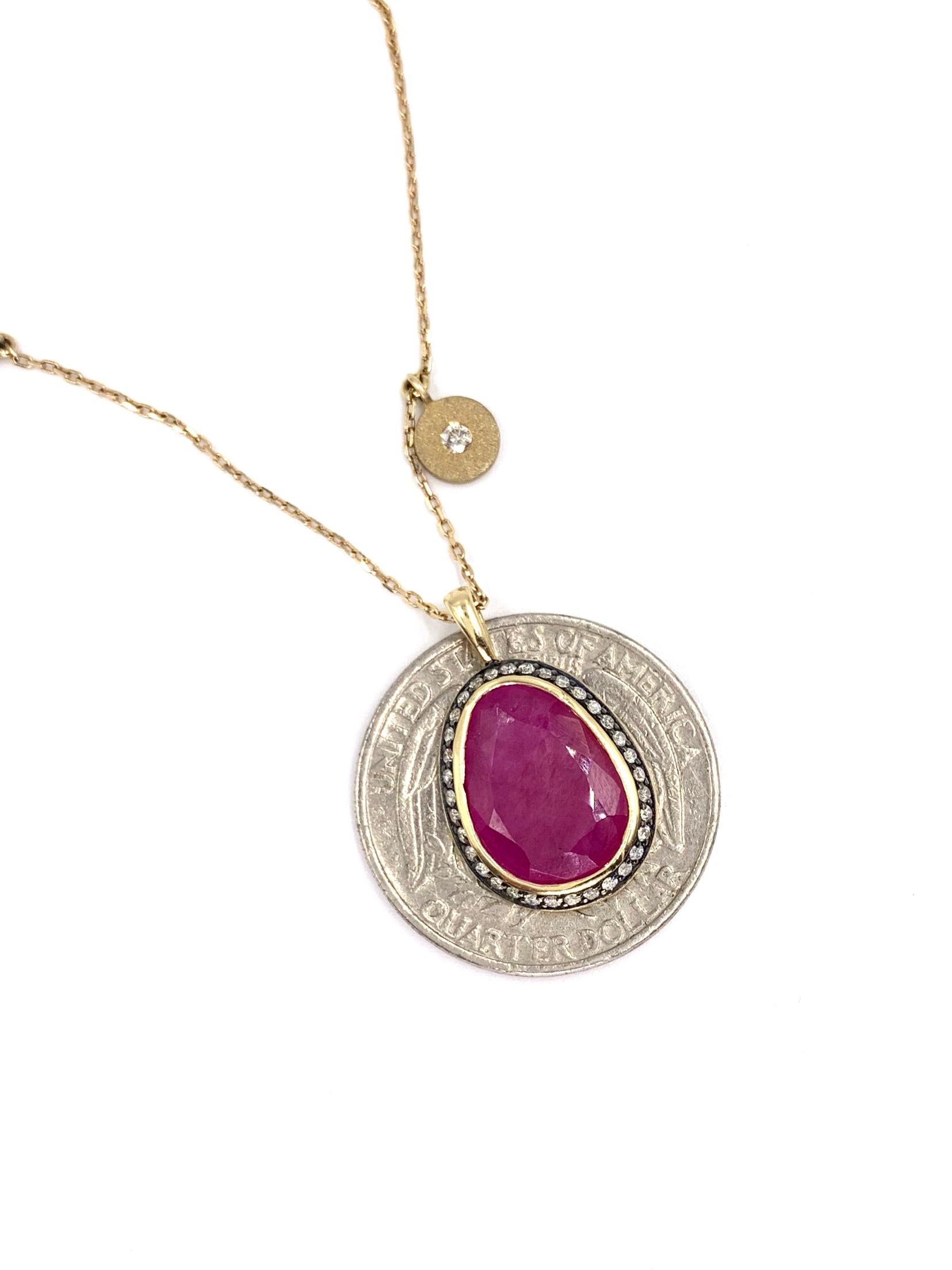 Yellow Gold Sliced Ruby and Diamond Pendant Necklace In New Condition In Pikesville, MD