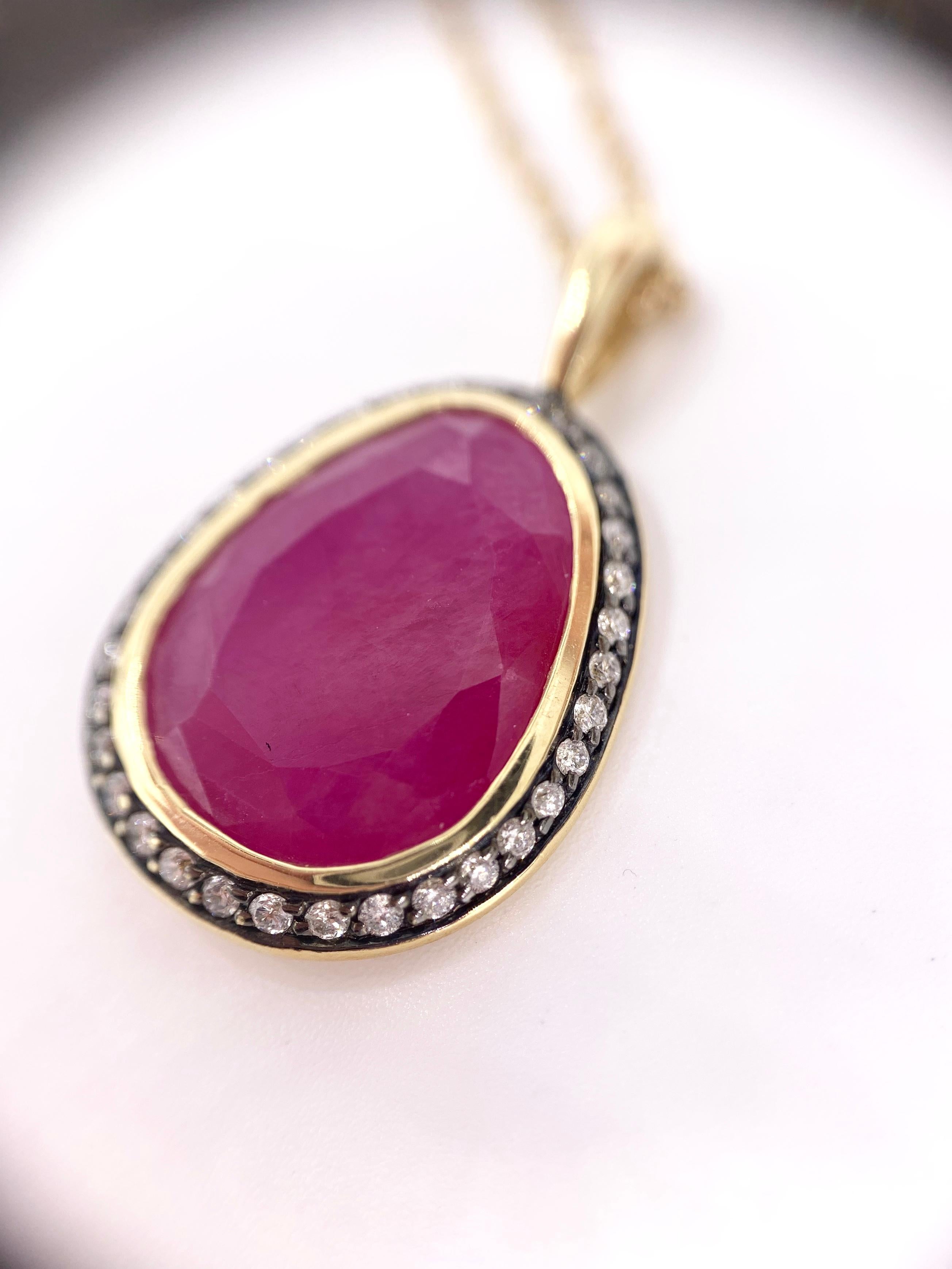 Women's Yellow Gold Sliced Ruby and Diamond Pendant Necklace