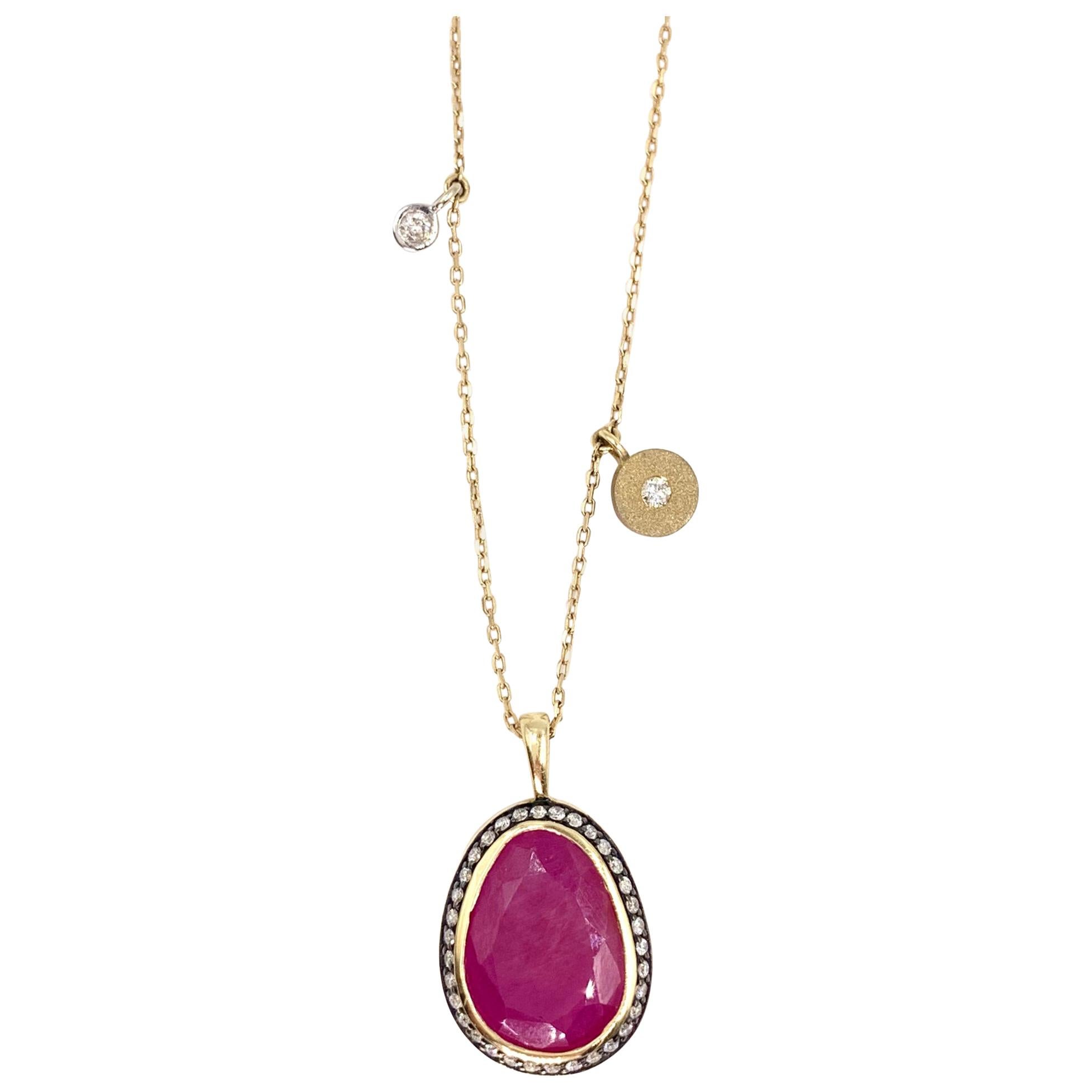 Yellow Gold Sliced Ruby and Diamond Pendant Necklace