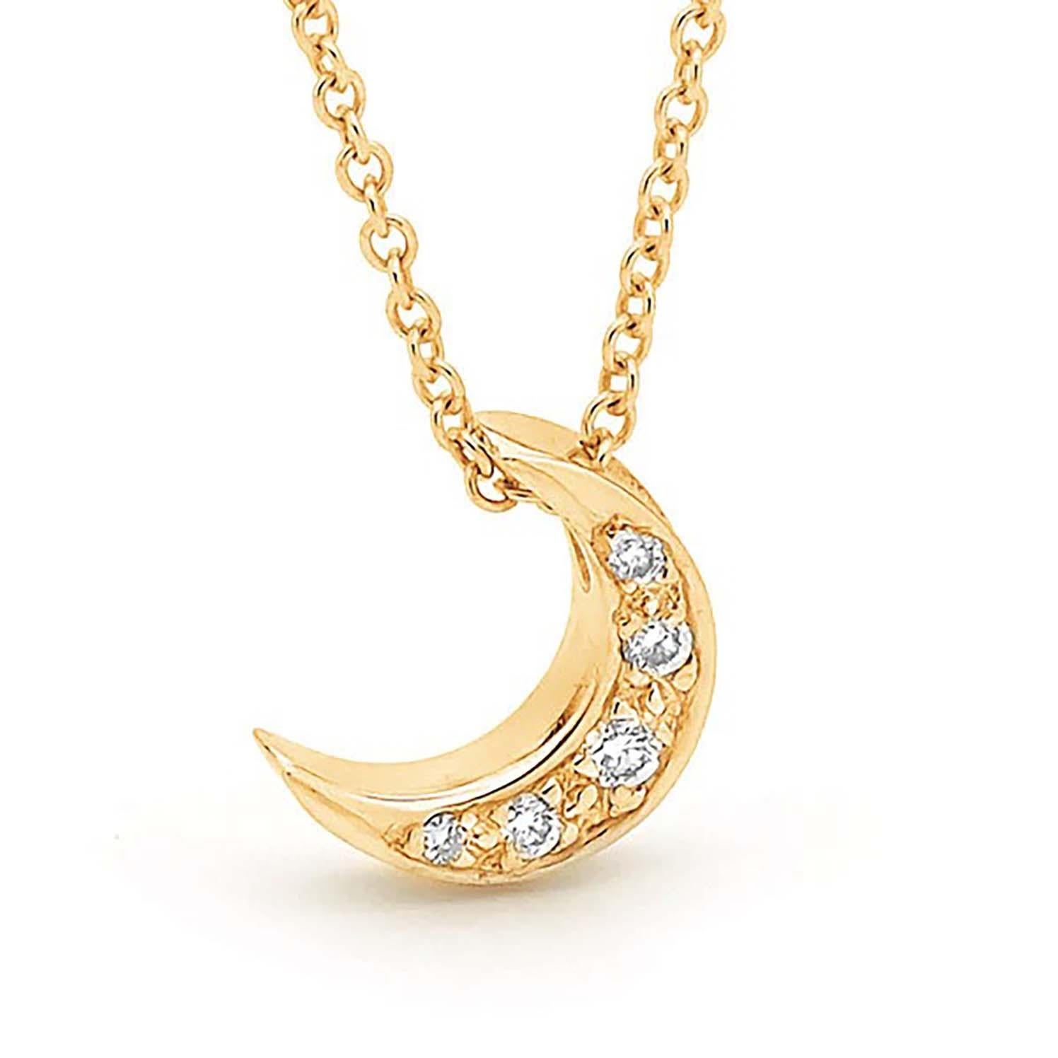 Contemporary Yellow Gold Small Diamond Crescent Moon Necklace  For Sale