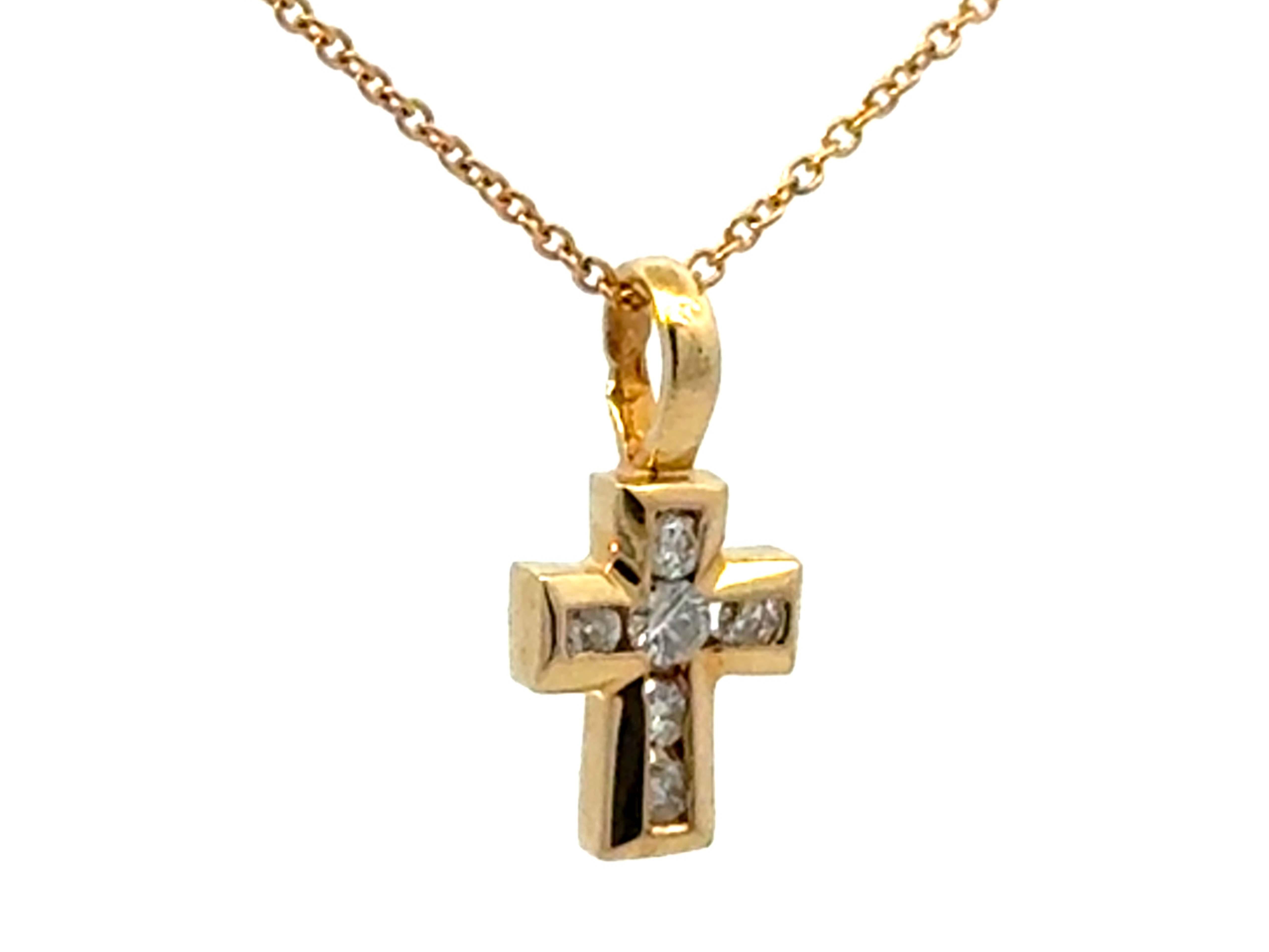 Modern Yellow Gold Small Diamond Cross Necklace 14k For Sale