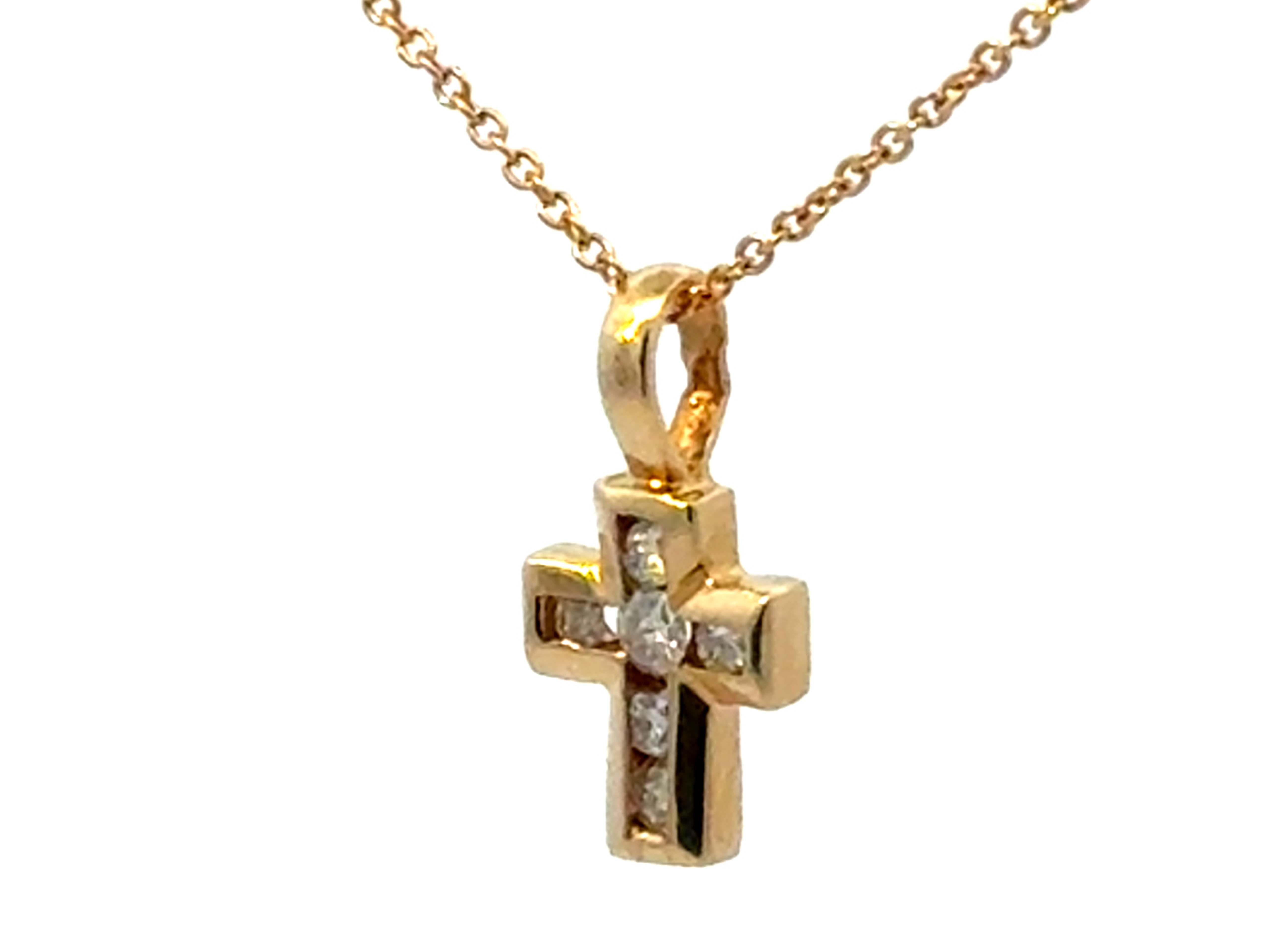 Brilliant Cut Yellow Gold Small Diamond Cross Necklace 14k For Sale