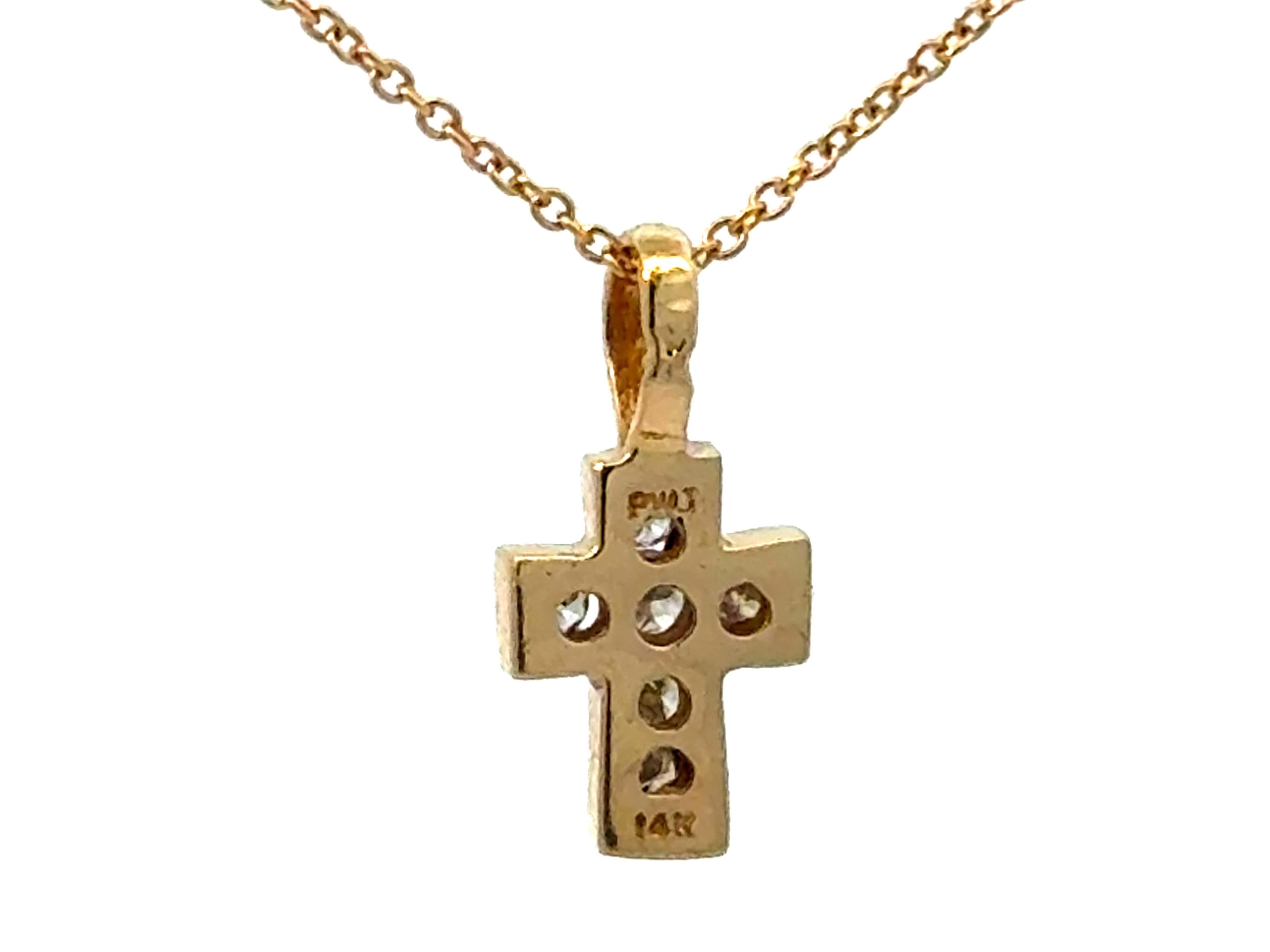 Yellow Gold Small Diamond Cross Necklace 14k For Sale 1