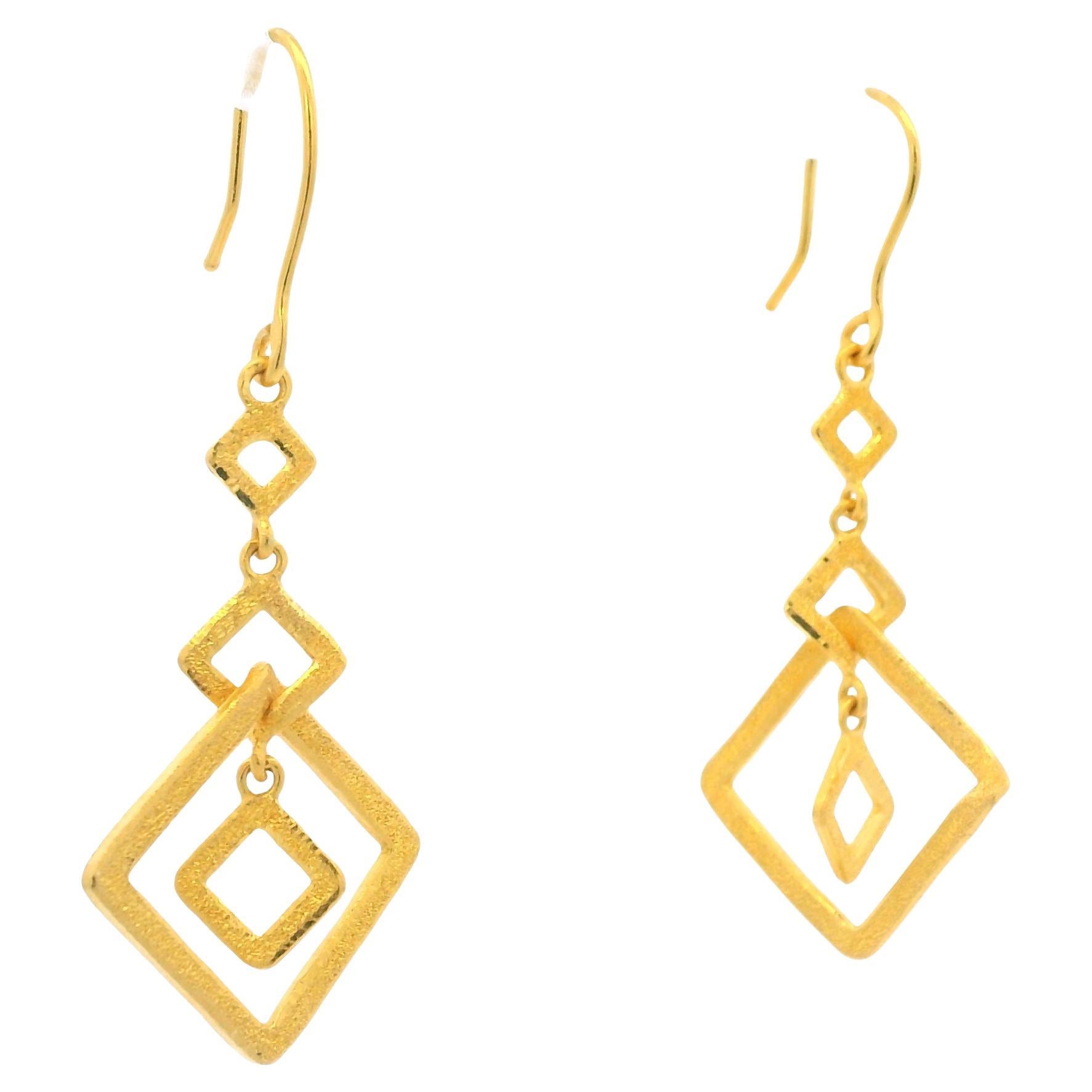 Yellow Gold Small & Large Square Drop 24-Karat Earrings In Stock