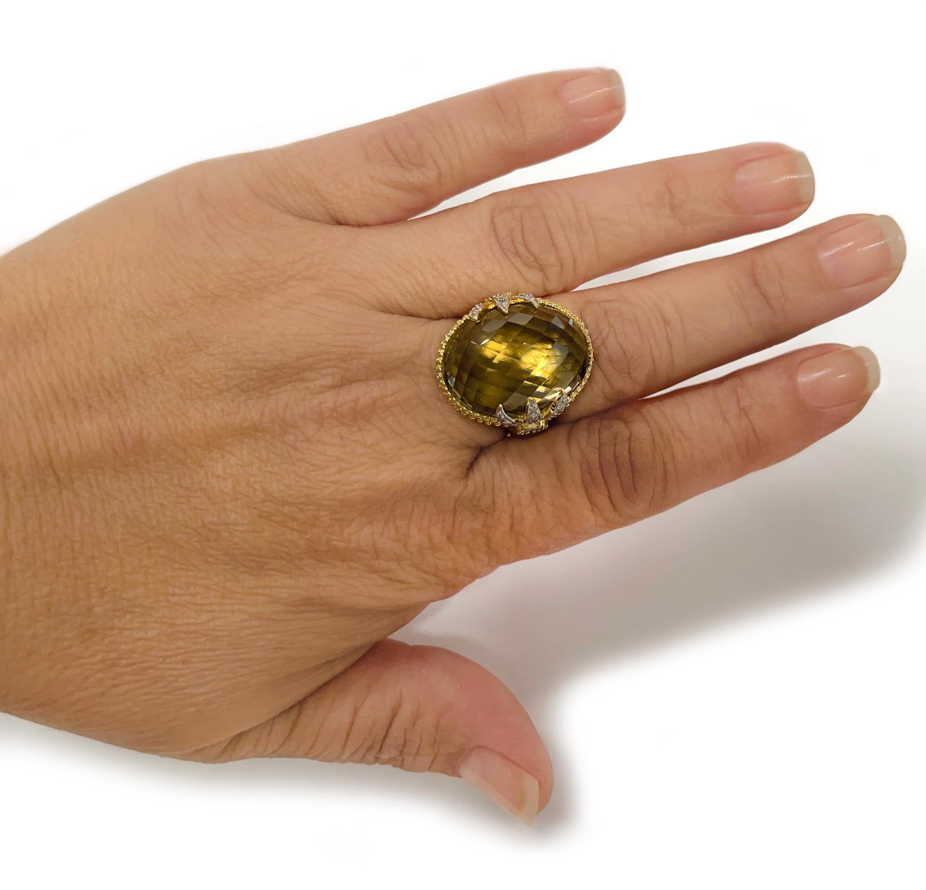 Bague cocktail en or jaune, quartz fumé et diamants Bon état - En vente à Palm Desert, CA