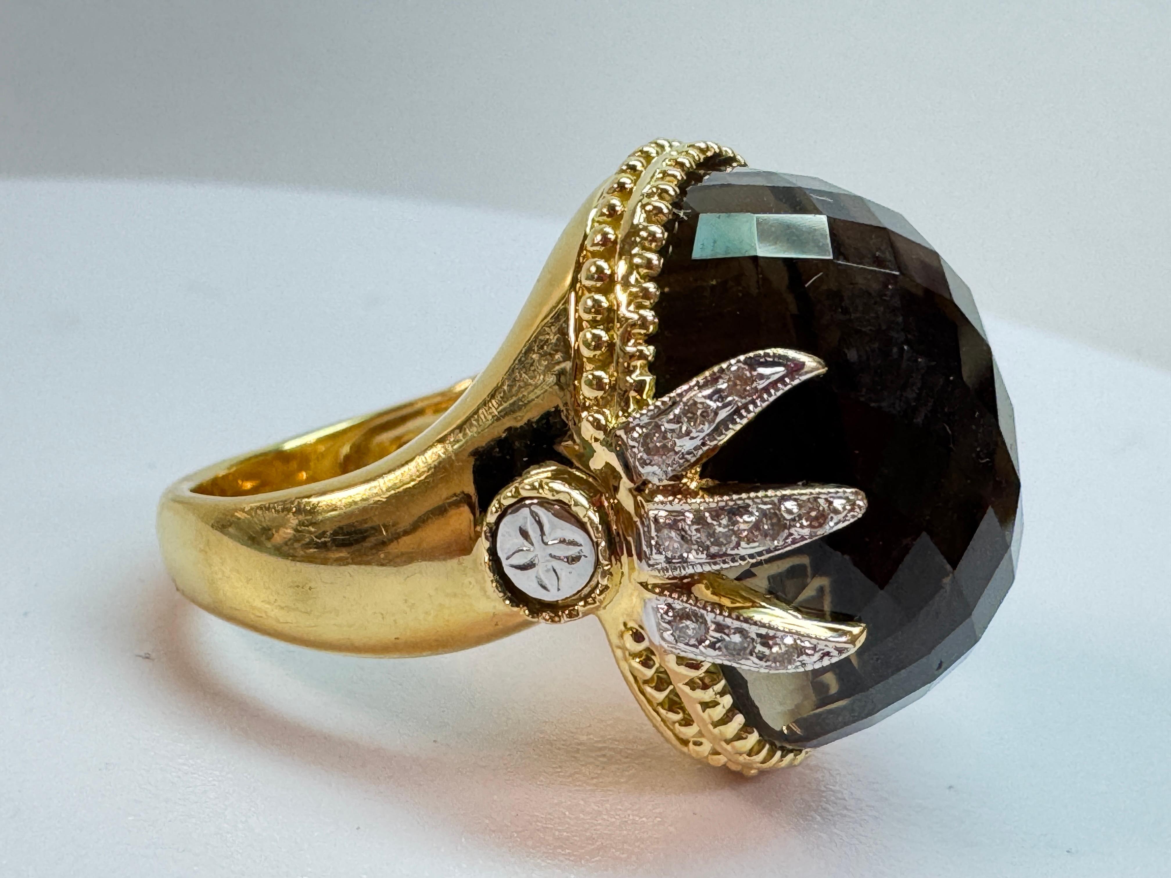 Bague cocktail en or jaune, quartz fumé et diamants en vente 2