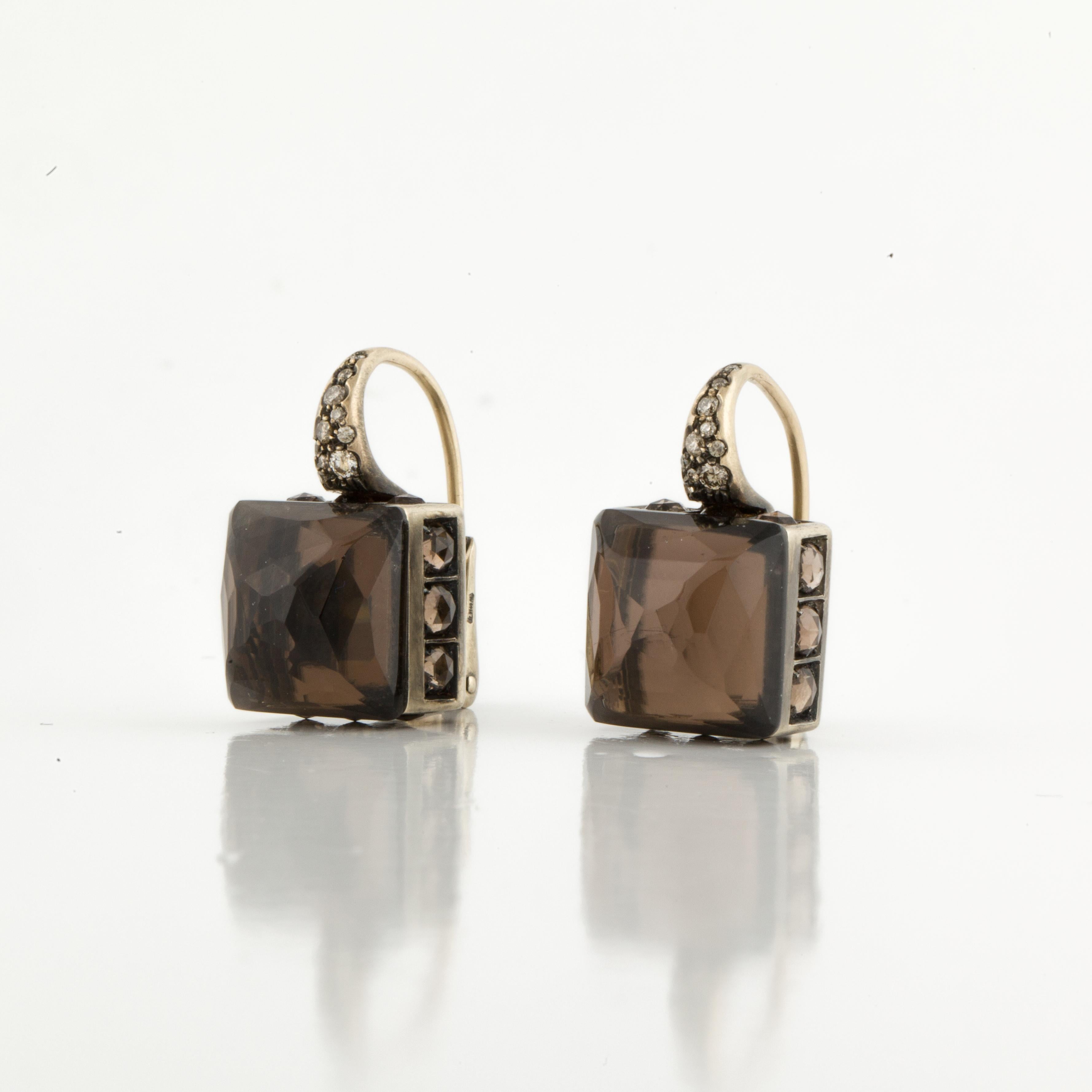 18K Gold Smokey Quartz and Diamond Earrings In Good Condition In Houston, TX