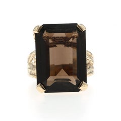 Yellow Gold Smoky Quartz Cocktail Solitaire Ring - 10k Emerald 9.65ct
