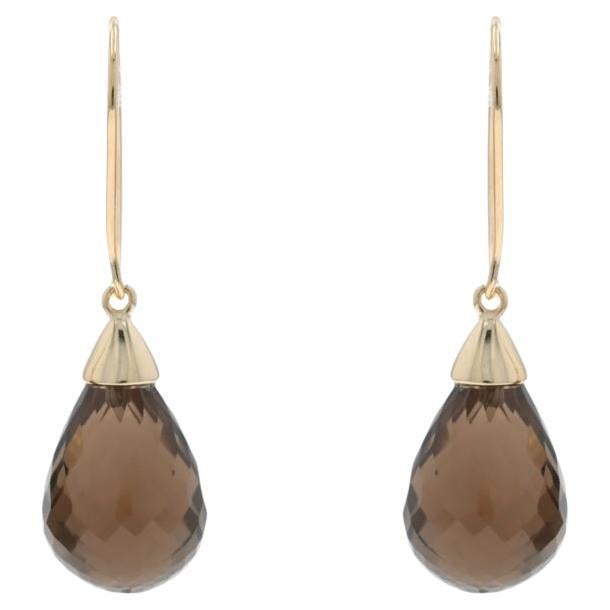Yellow Gold Smoky Quartz Dangle Earrings - 14k Briolette Pierced For Sale