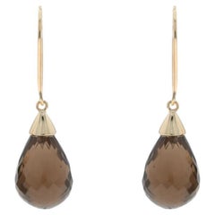 Yellow Gold Smoky Quartz Dangle Earrings - 14k Briolette Pierced