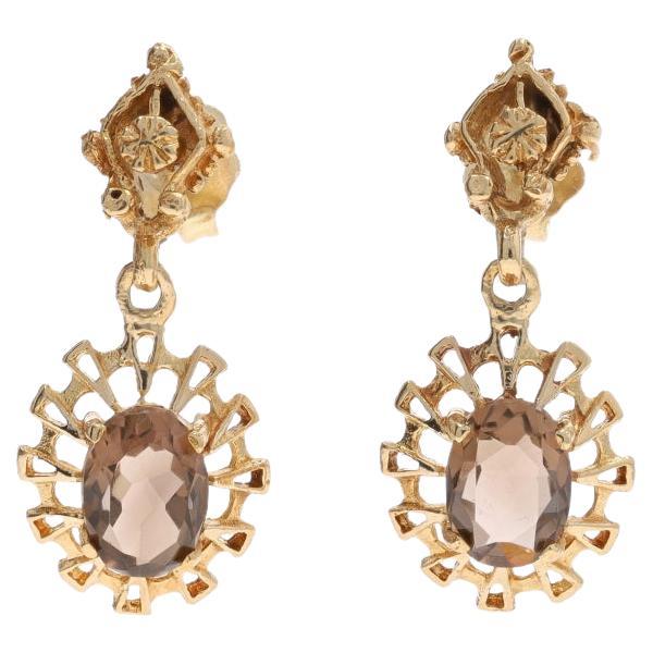 Yellow Gold Smoky Quartz Dangle Earrings - 14k Oval 1.70ctw Floral Pierced For Sale