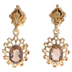 Pendants d'oreilles en or jaune et quartz fumé - Or ovale 14 carats, percé de fleurs 1,70 carat