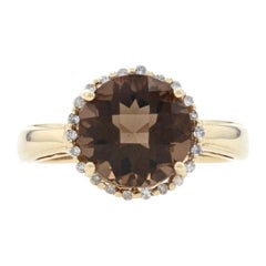 Yellow Gold Smoky Quartz 
Diamond Halo Ring, 10k Round Checkerboard 3.44ctw