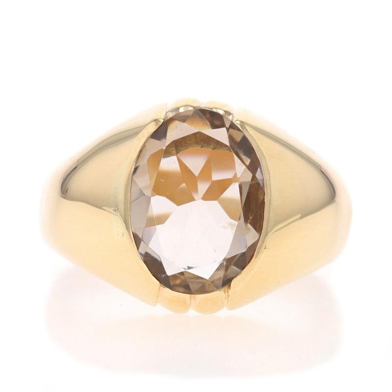 Size: 13
Sizing Fee: Up 1 size for $40 or Down 2 sizes for $40

Metal Content: 14k Yellow Gold

Stone Information

Natural Smoky Quartz
Carat(s): 3.63ct
Cut: Oval
Color: Brown

Total Carats: 3.63ct

Style: Solitaire

Measurements

Face Height (north