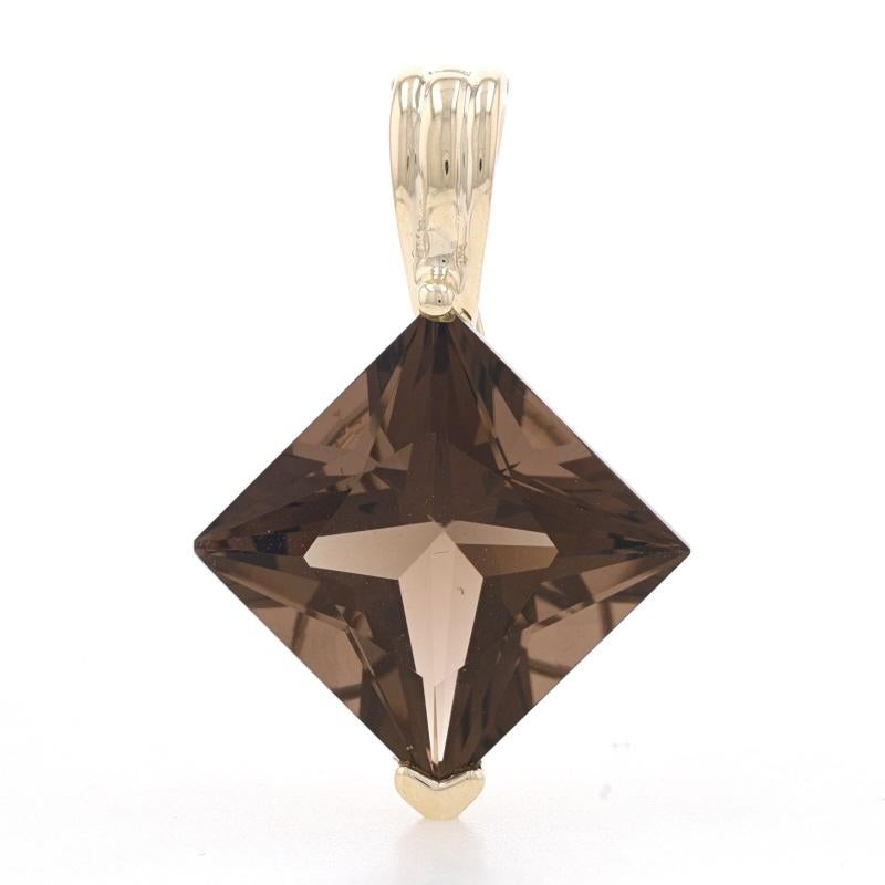 Metal Content: 14k Yellow Gold

Stone Information

Natural Smoky Quartz
Carat(s): 13.20ct
Cut: Princess
Color: Brown

Total Carats: 13.20ct

Pendant Style: Solitaire Enhancer

Measurements

Tall (from stationary bail): 1 5/32