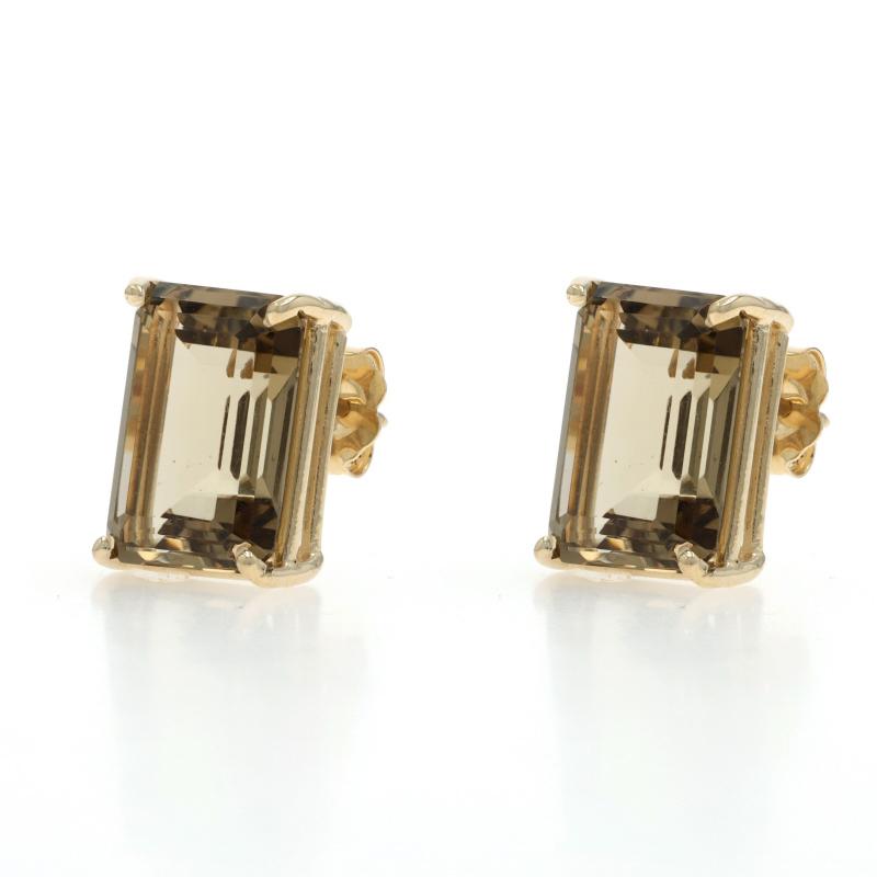 Taille émeraude Yellow Gold Smoky Quartz Stud Earrings - 14k Emerald 14.50ctw en vente