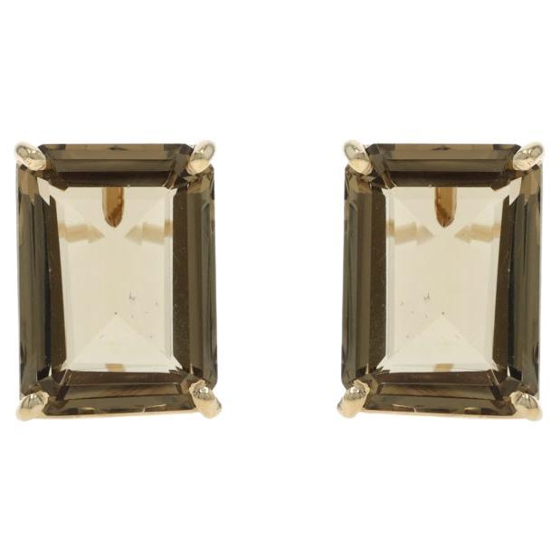 Yellow Gold Smoky Quartz Stud Earrings - 14k Emerald 14.50ctw
