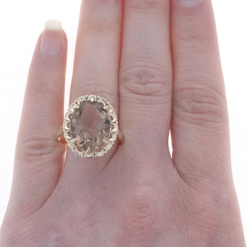 Oval Cut Yellow Gold Smoky Quartz Vintage Cocktail Solitaire Ring -10k Oval 6.95ct Floral For Sale