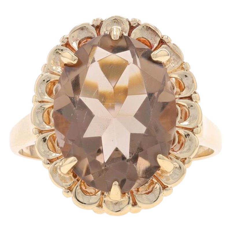 Anello solitario vintage di quarzo fumé in oro giallo -10k ovale 6,95ct floreale