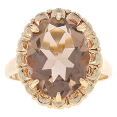 Anello solitario vintage di quarzo fumé in oro giallo -10k ovale 6,95ct floreale