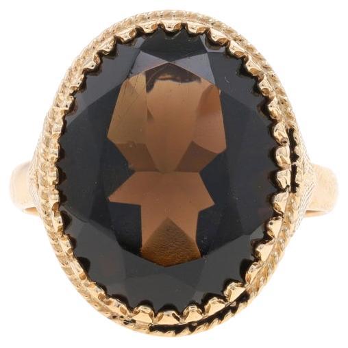Yellow Gold Smoky Quartz Vintage Cocktail Solitaire Ring 10k Oval 7.60ct Leaves For Sale