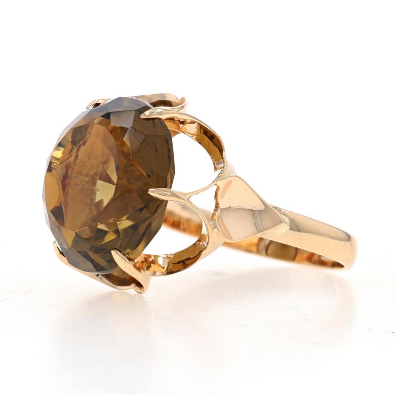 Round Cut Yellow Gold Smoky Quartz Vintage Cocktail Solitaire Ring 14k Round 8.65ct Flower For Sale