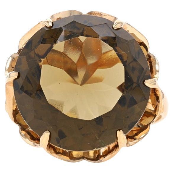 Yellow Gold Smoky Quartz Vintage Cocktail Solitaire Ring 14k Round 8.65ct Flower For Sale