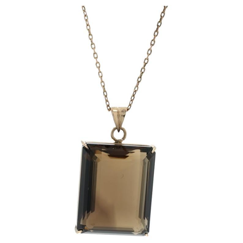 Collier Solitaire Vintage en Or Jaune Smoky Quartz 14 1/2" -14k Emerald 34.20ct
