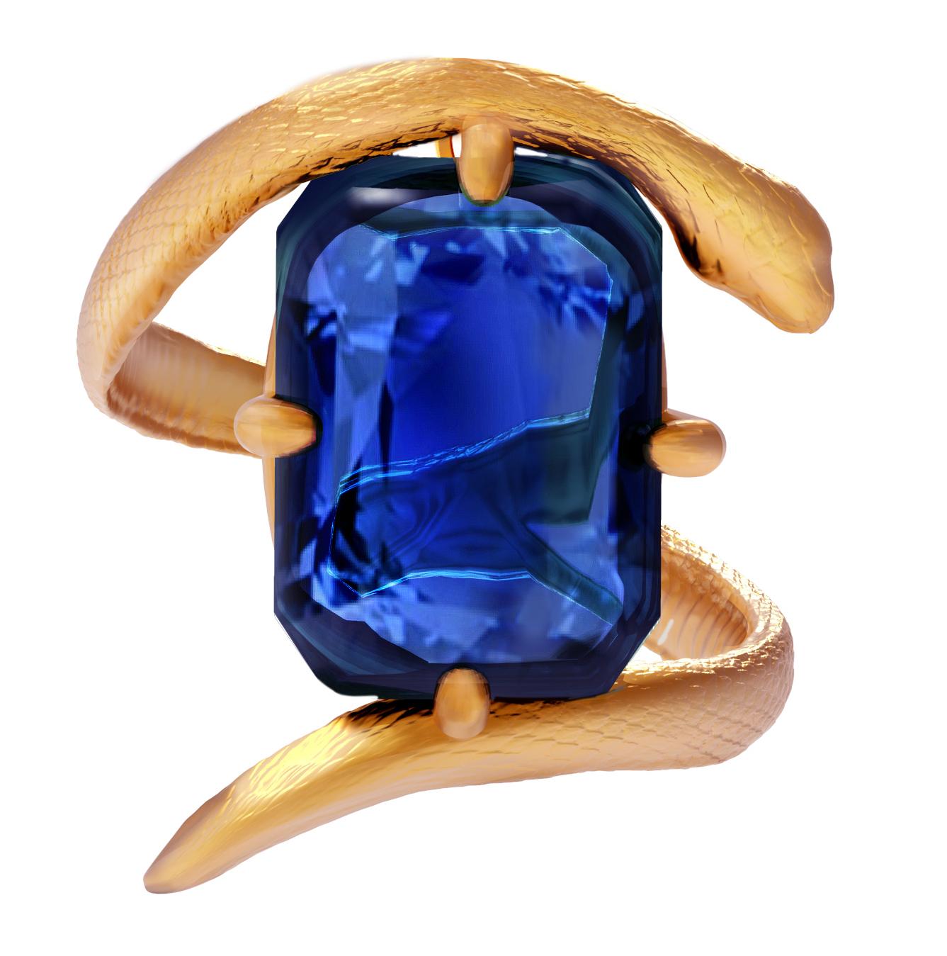 This contemporary serpent brooch is in 18 karat yellow gold with natural vivid blue sapphire 4.52 carats, 11x8.5 mm. It belongs to Mesopotamian collection. This piece can be personally signed for the same price.

The piece can be ordered with