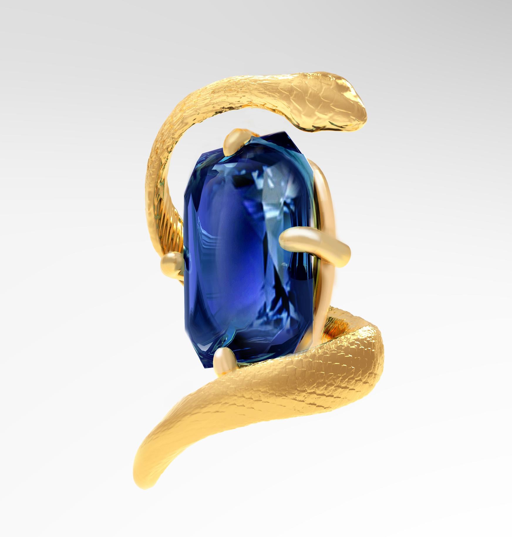 Yellow Gold Snake Brooch with Natural Four Carats Vivid Blue Sapphire en venta 2