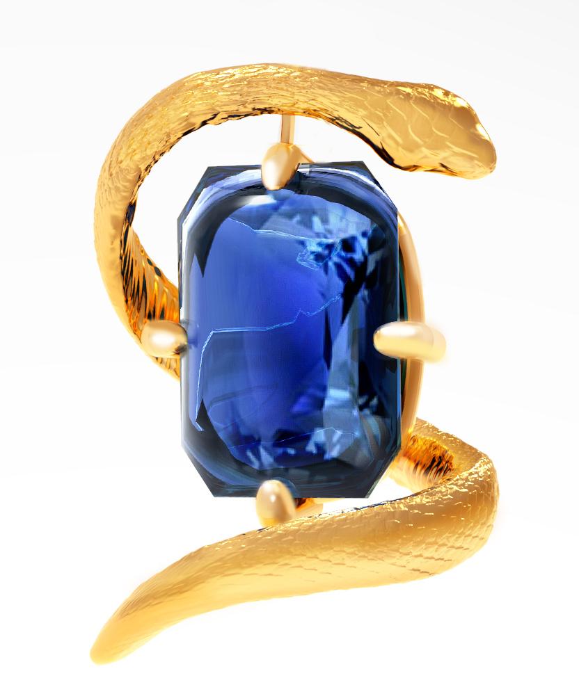 Yellow Gold Snake Brooch with Natural Four Carats Vivid Blue Sapphire en venta 3