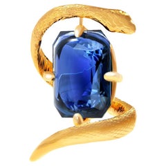 Yellow Gold Snake Brooch with Natural Four Carats Vivid Blue Sapphire