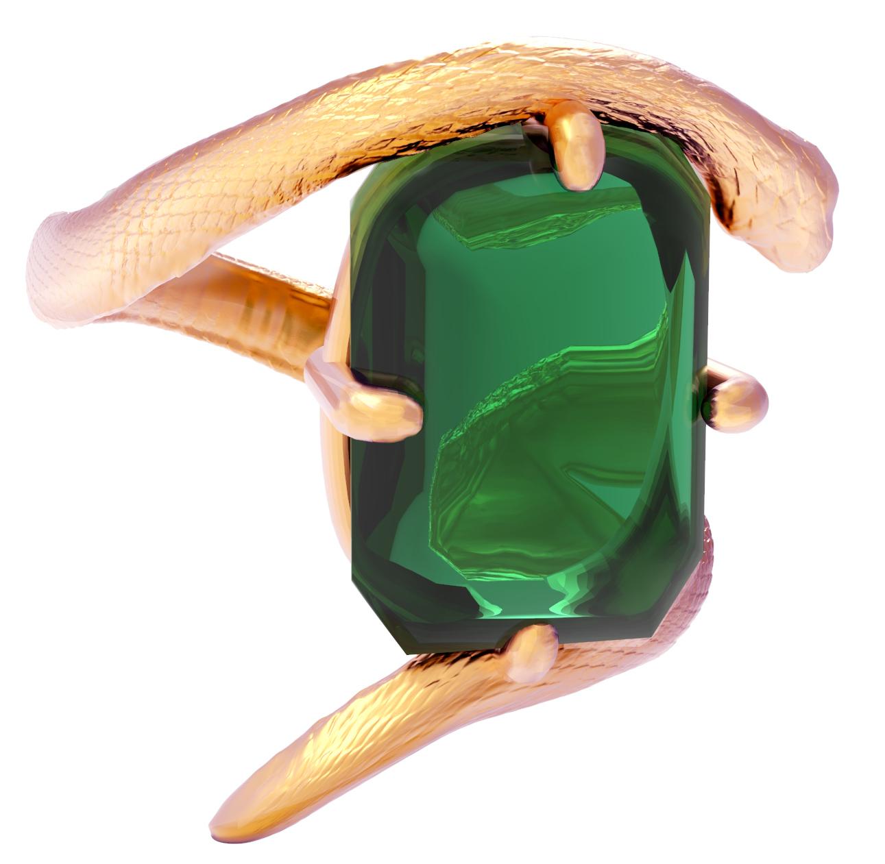 Octagon Cut Yellow Gold Snake Brooch with Natural Green Tourmaline For Sale