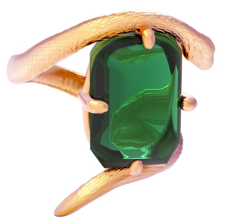 Yellow Gold Snake Brooch with Natural Green Tourmaline For  display picture 2
