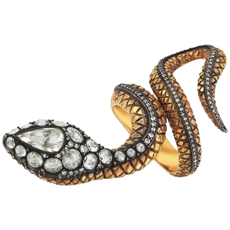 Yellow Gold Snake Rose Cut Diamond Ring For Sale