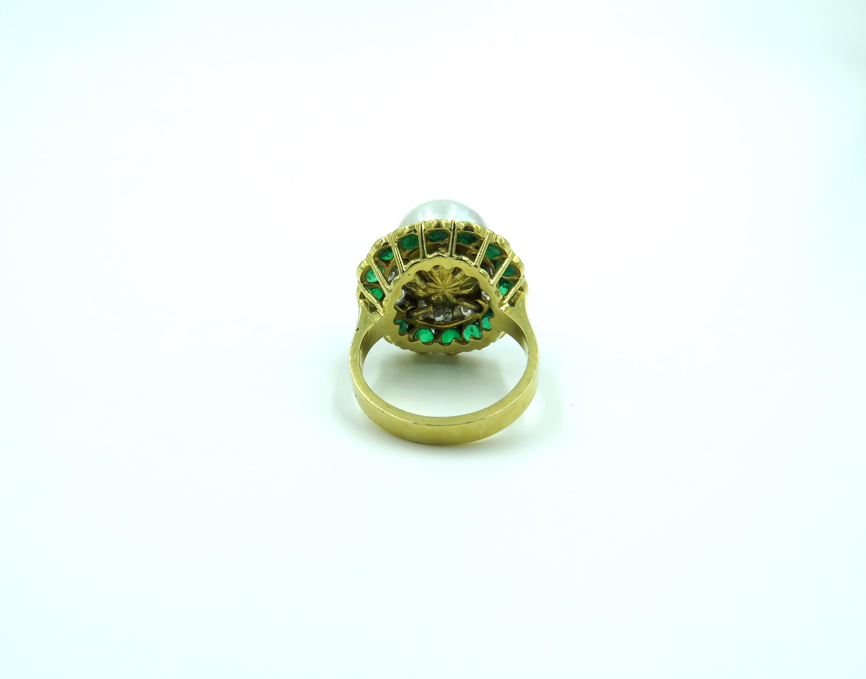 Contemporary Yellow Gold, South Sea Pearl, Diamond and Emerald Ring
