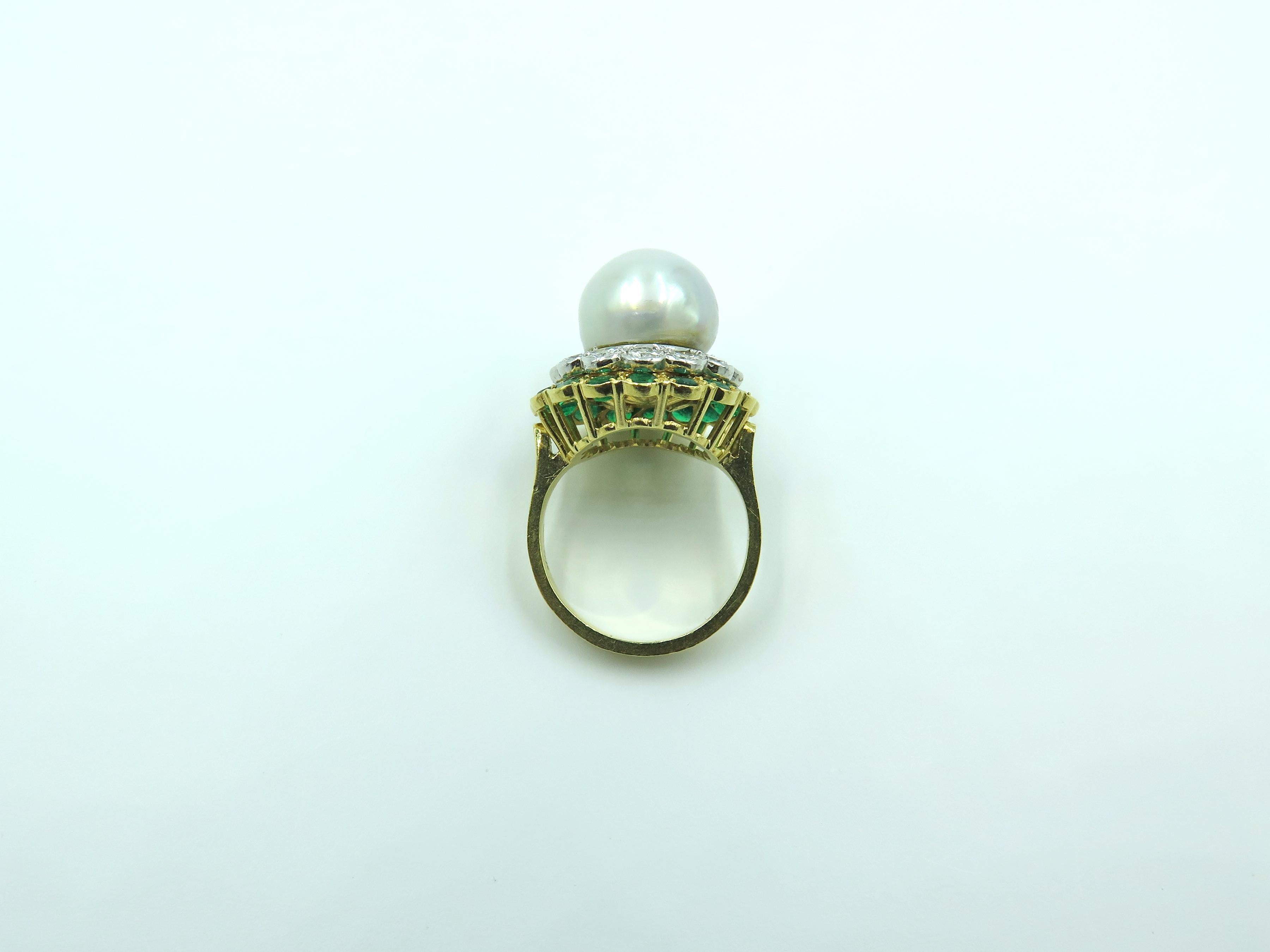 Emerald Cut Yellow Gold, South Sea Pearl, Diamond and Emerald Ring