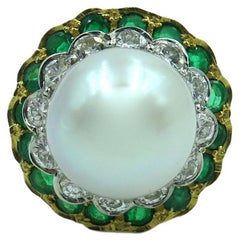Yellow Gold, South Sea Pearl, Diamond and Emerald Ring Yellow Gold, South Sea Pearl, Diamond and Emerald Ring