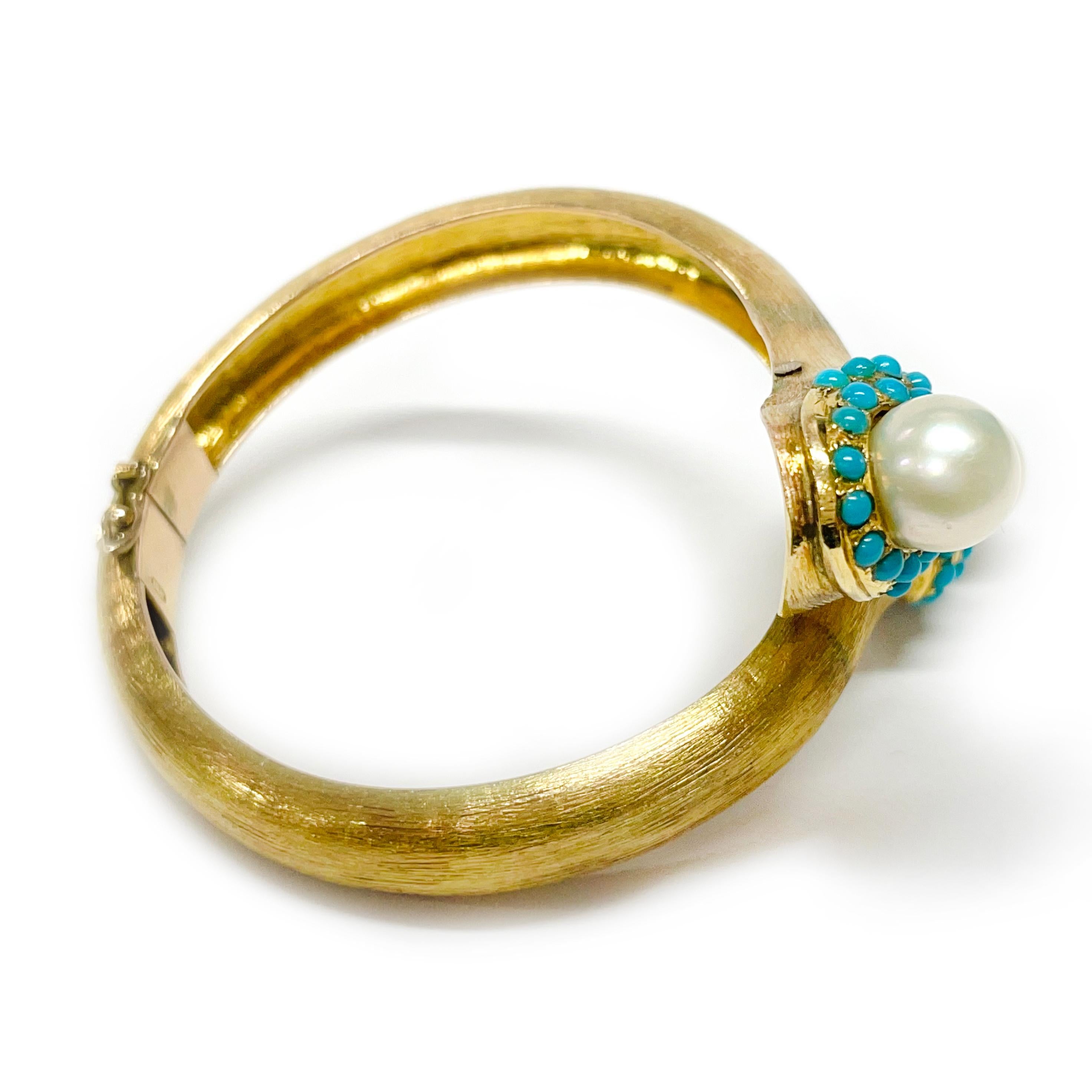 Contemporary Yellow Gold South Sea Pearl Turquoise Cuff For Sale