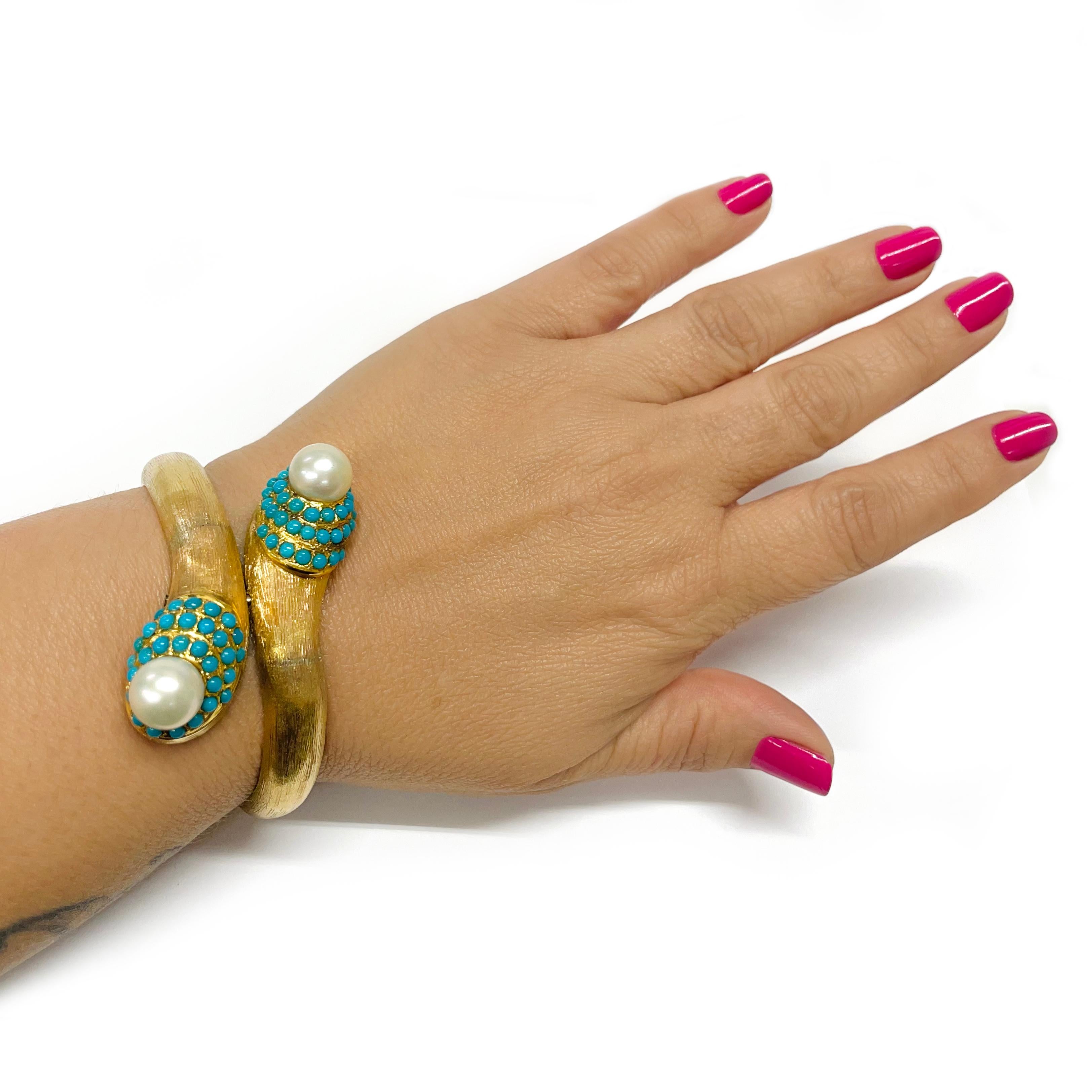 Yellow Gold South Sea Pearl Turquoise Cuff For Sale 1