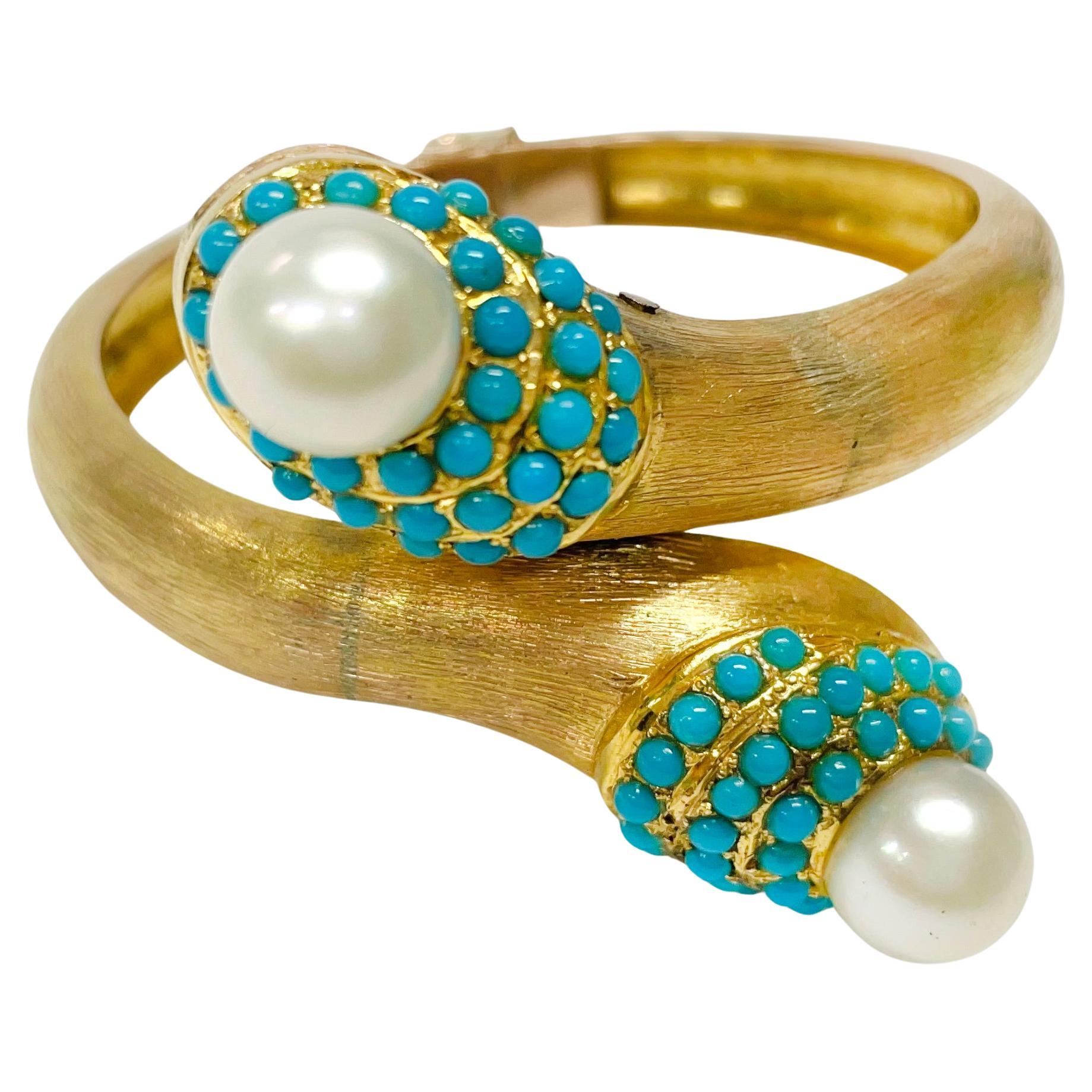 Yellow Gold South Sea Pearl Turquoise Cuff